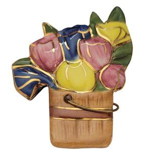 Pink Yellow, Blue Glazed Porcelain Bucket of Tulips Brooch Pin E617